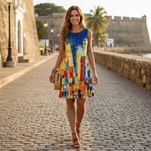Luxury Resort Colorful Abstract Print Sleeveless Vacation Dress | Size Medium